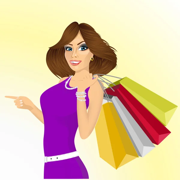 Sonriente joven con bolsas de compras — Vector de stock