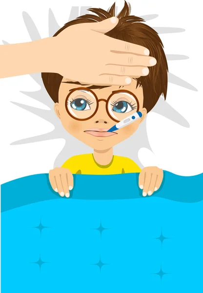 Little boy ill in bed with thermometer — Stock Vector