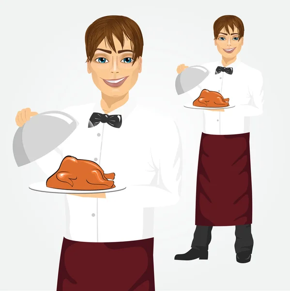 Cameriere con vassoio che serve pollame arrosto — Vettoriale Stock