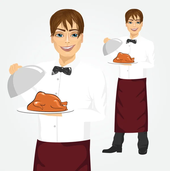 Camarero con bandeja que sirve pollo asado — Vector de stock