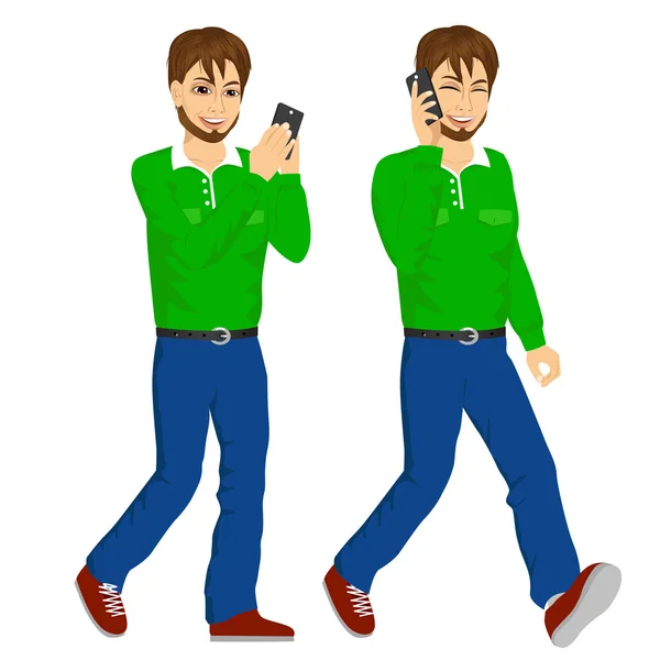 Два счастливых молодых человека, идущих со смартфоном — стоковый вектор