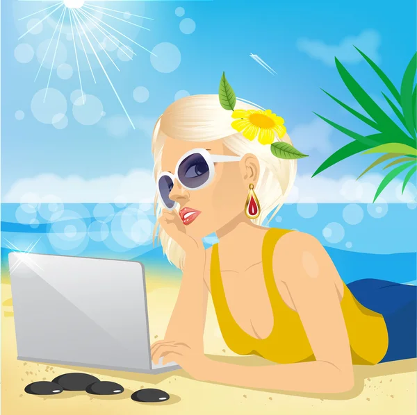 ビーチでノートパソコンを使う女性は — ストックベクタ