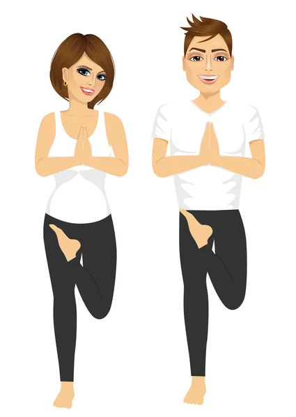 Wanita dan pasangan pria melakukan pose yoga - Stok Vektor