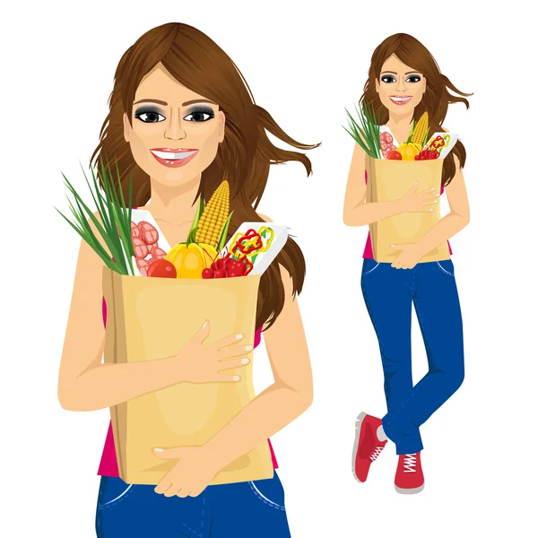 Young woman carrying grocery paper bag — Stock Vector