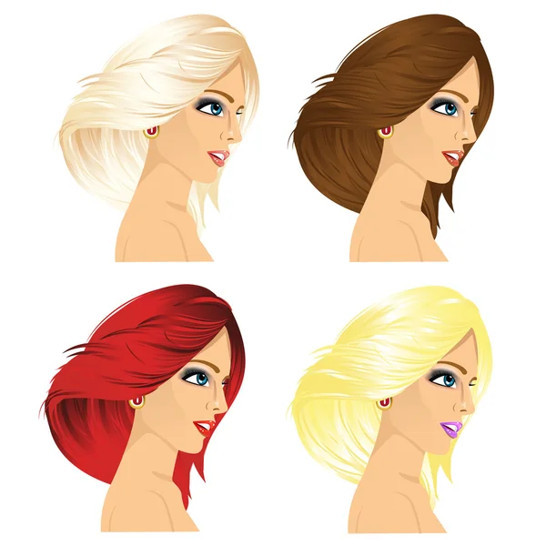 Quattro donne profilo con diversi colori di capelli — Vettoriale Stock