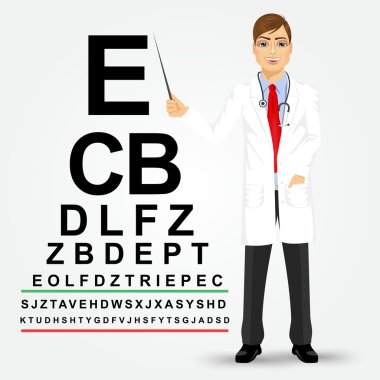 erkek gözlükçü snellen grafiğe işaret