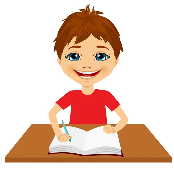 Cute little caucasian student boy writing — Stock Vector