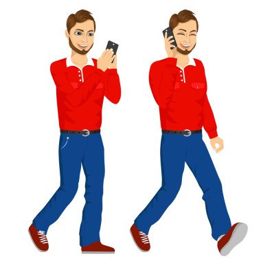 iki mutlu genç adam Smartphone ile yürüyüş