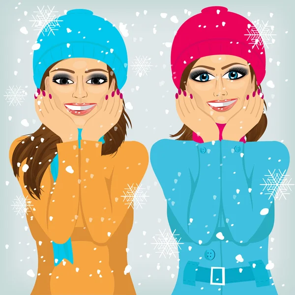 Two attractive brunette women friends outdoors — Stock Vector