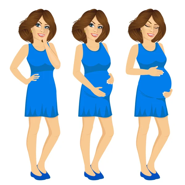 Mujer embarazada mostrando el proceso de crecimiento del embarazo — Vector de stock