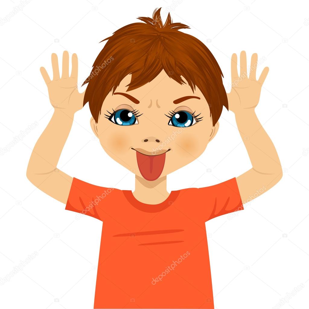 little boy making mocking expression with hands