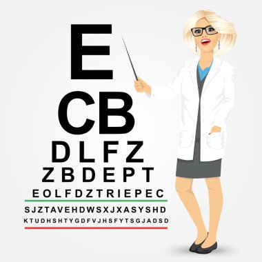 kadın gözlükçü snellen grafiğe işaret