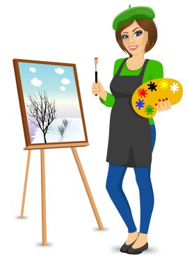 Palet ve fırça tutan kadın ressam sanatçı