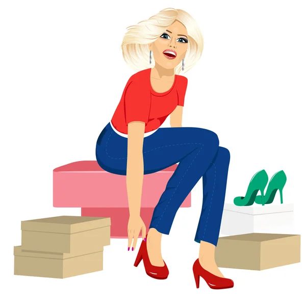 Mujer tratando de muchos zapatos de moda — Vector de stock