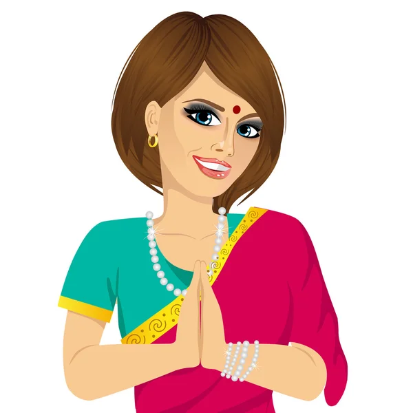 Παραδοσιακή ινδική γυναίκα, κρατώντας τα χέρια σε προσευχή θέση — Διανυσματικό Αρχείο