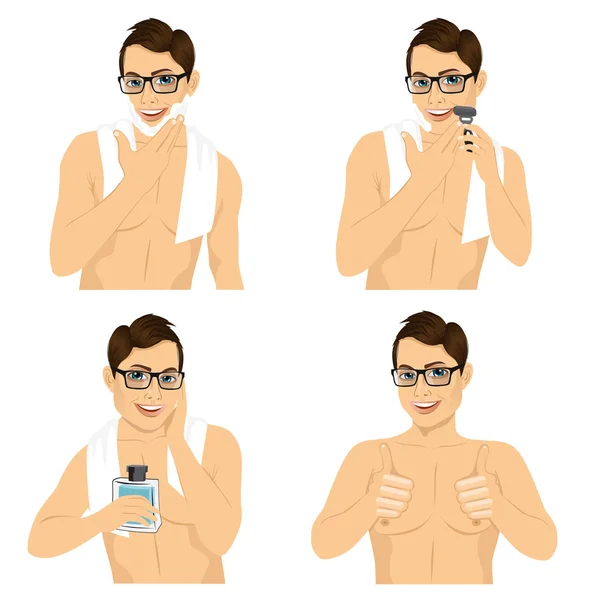 Four steps of man shaving his face — Stock Vector