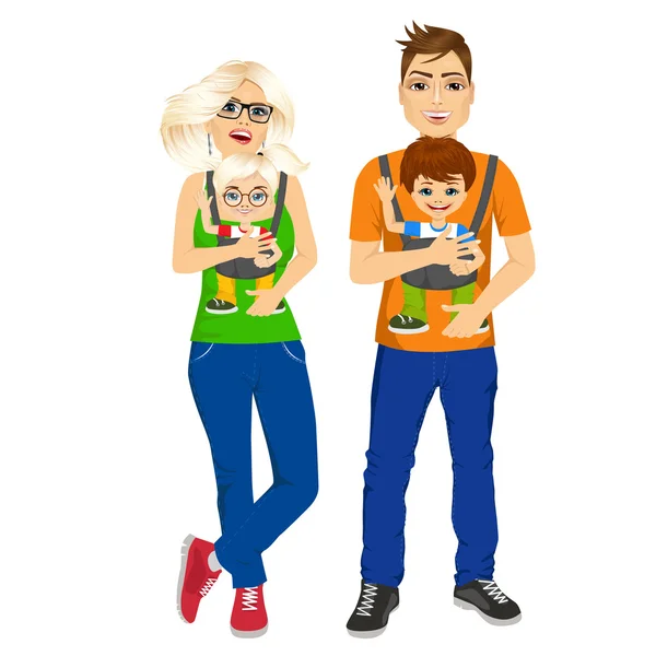 Ebeveynler çocukları bebek taşıyıcı ile holding holding — Stok Vektör