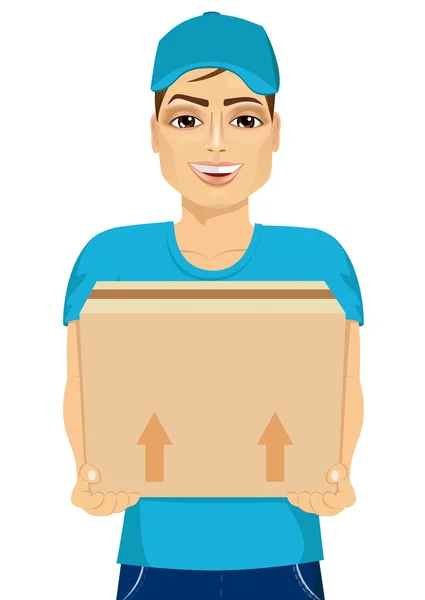 Dodavatel drží a nese kartonovou krabici — Stockový vektor