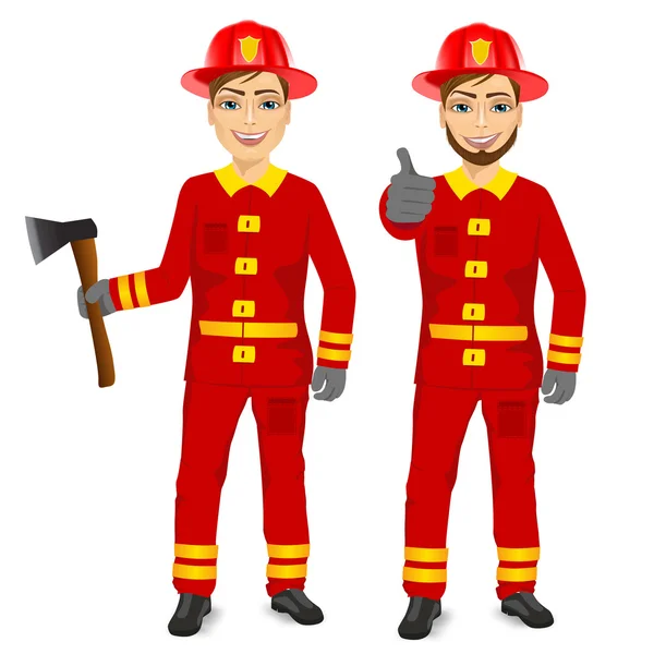 Zwei glückliche Feuerwehrmänner halten Feuerbeil in der Hand und machen OK-Geste — Stockvektor