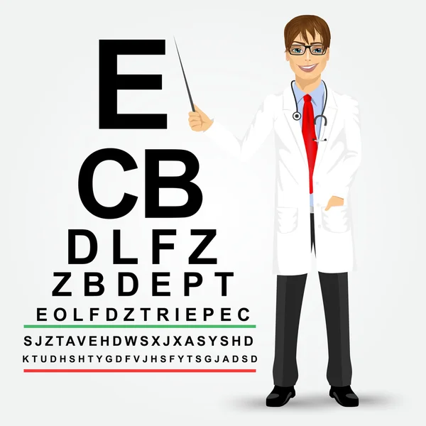 Male optician pointing to snellen chart — Stock Vector