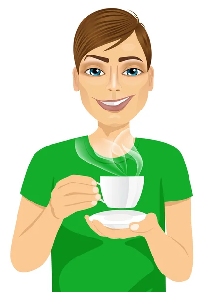 Jeune homme buvant du café chaud ou du thé — Image vectorielle