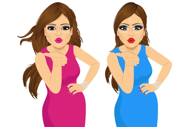 Two beautiful women blowing kiss — Stock Vector