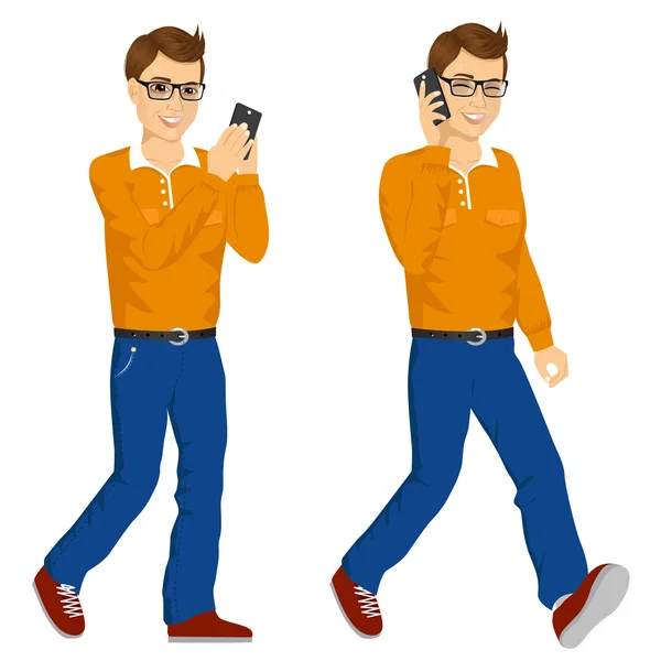 Δύο ευτυχισμένη νέους άνδρες που περπατούν με smartphone — Διανυσματικό Αρχείο