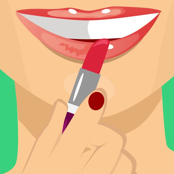 Femme appliquant du rouge à lèvres rouge sur ses lèvres — Image vectorielle