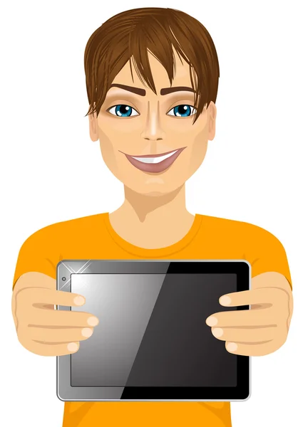 Jeune adolescent garçon affichant tablette — Image vectorielle