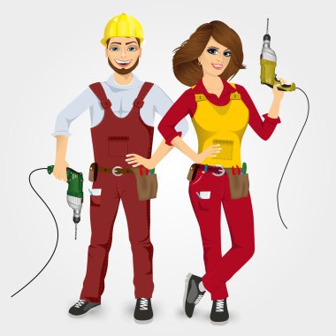 Tamirci ve matkaplar tutan handywoman