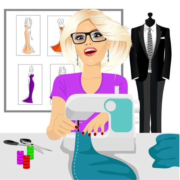 Dressmaker woman using sewing machine — Stock Vector