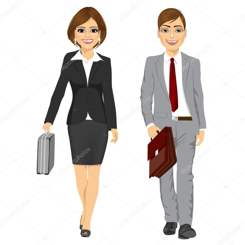 young business man and woman walking forward