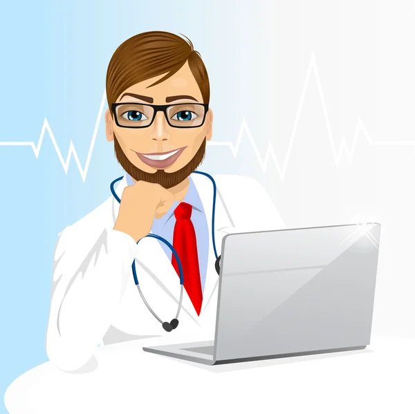 Young doctor using his laptop computer — Stock Vector