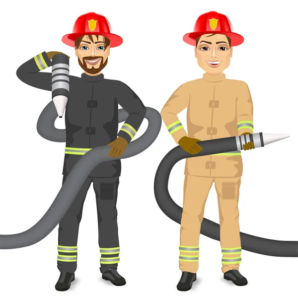 Deux pompiers heureux tenant tuyau — Image vectorielle