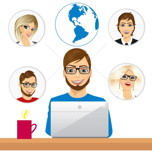 Freelancer working in collaboration with coworkers over internet — Stock Vector