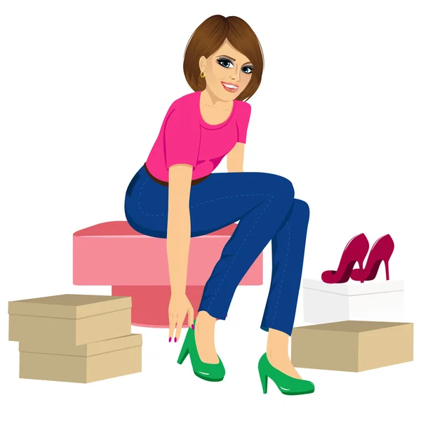 Woman trying many fashionable shoes — Stock Vector