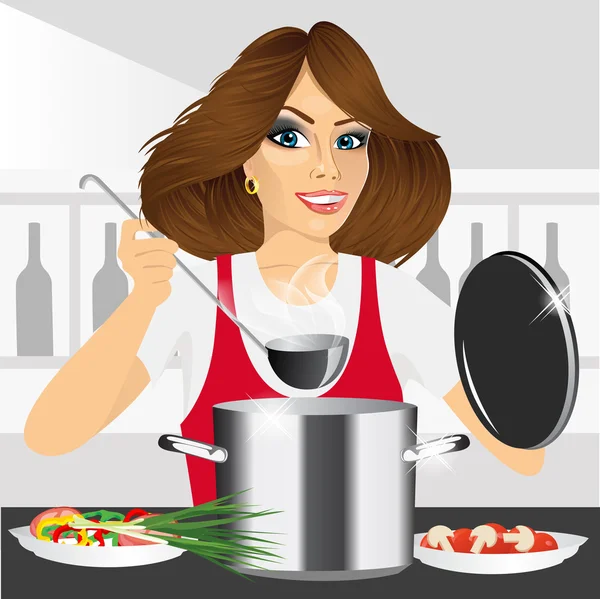 Sorridente giovane donna che cucina in cucina — Vettoriale Stock