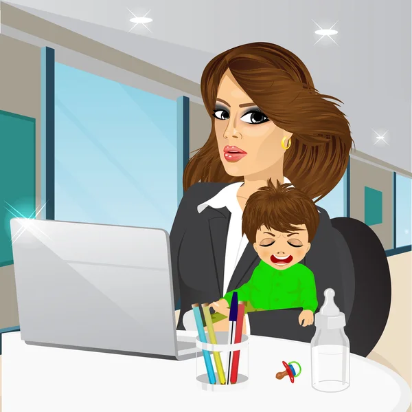 Mother working on laptop in cafe — Stock Vector