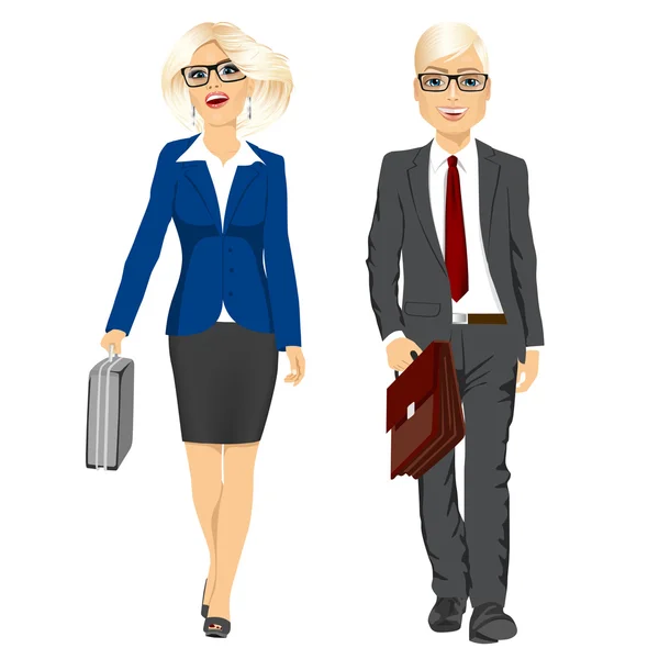 Joven hombre y mujer de negocios caminando hacia adelante — Vector de stock