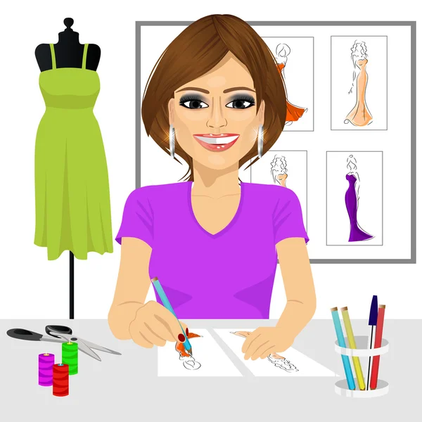 Návrhář kreslení šaty design skici — Stockový vektor