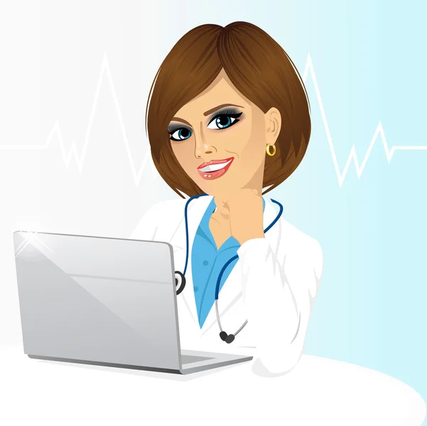 Young female doctor using his laptop computer — Stock Vector