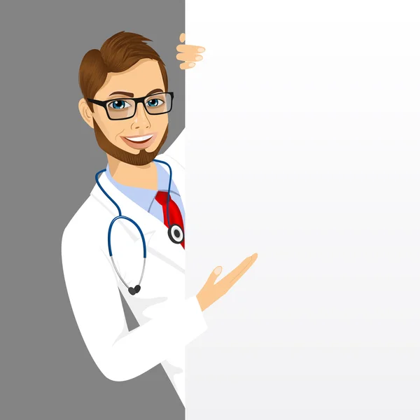 Doctor masculino con un tablero de presentación en blanco — Vector de stock