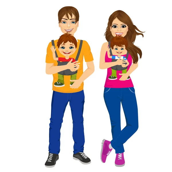 Parents holding holding their children with baby carrier — Stock Vector