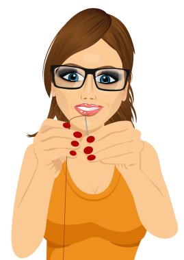 dressmaker woman with glasses putting sewing thread clipart