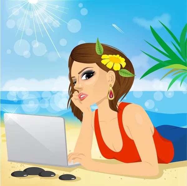 Nő használ laptop a strandon — Stock Vector