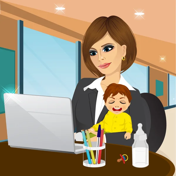 Mãe focada trabalhando no laptop no café —  Vetores de Stock