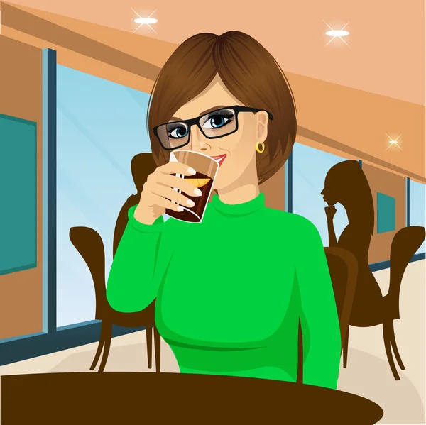 Young woman with glasses drinking beverage — Stock Vector