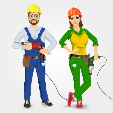 Tamirci ve matkaplar tutan handywoman