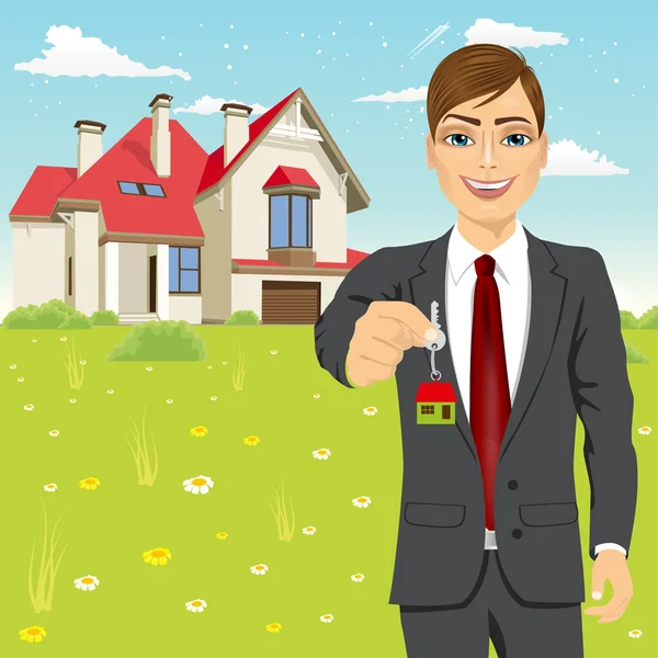 Agente immobiliare in possesso della chiave di una nuova casa — Vettoriale Stock