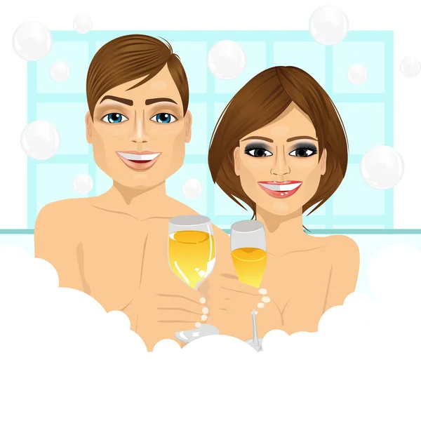 Пара делает тосты с шампанским в ванной — стоковый вектор
